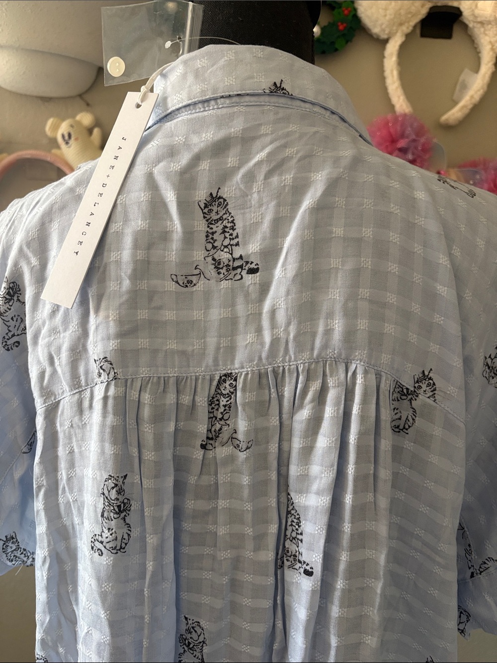 Jane and Delancey Light Blue Checked Button-Up Blouse with Cat Print - Picture 3 of 3